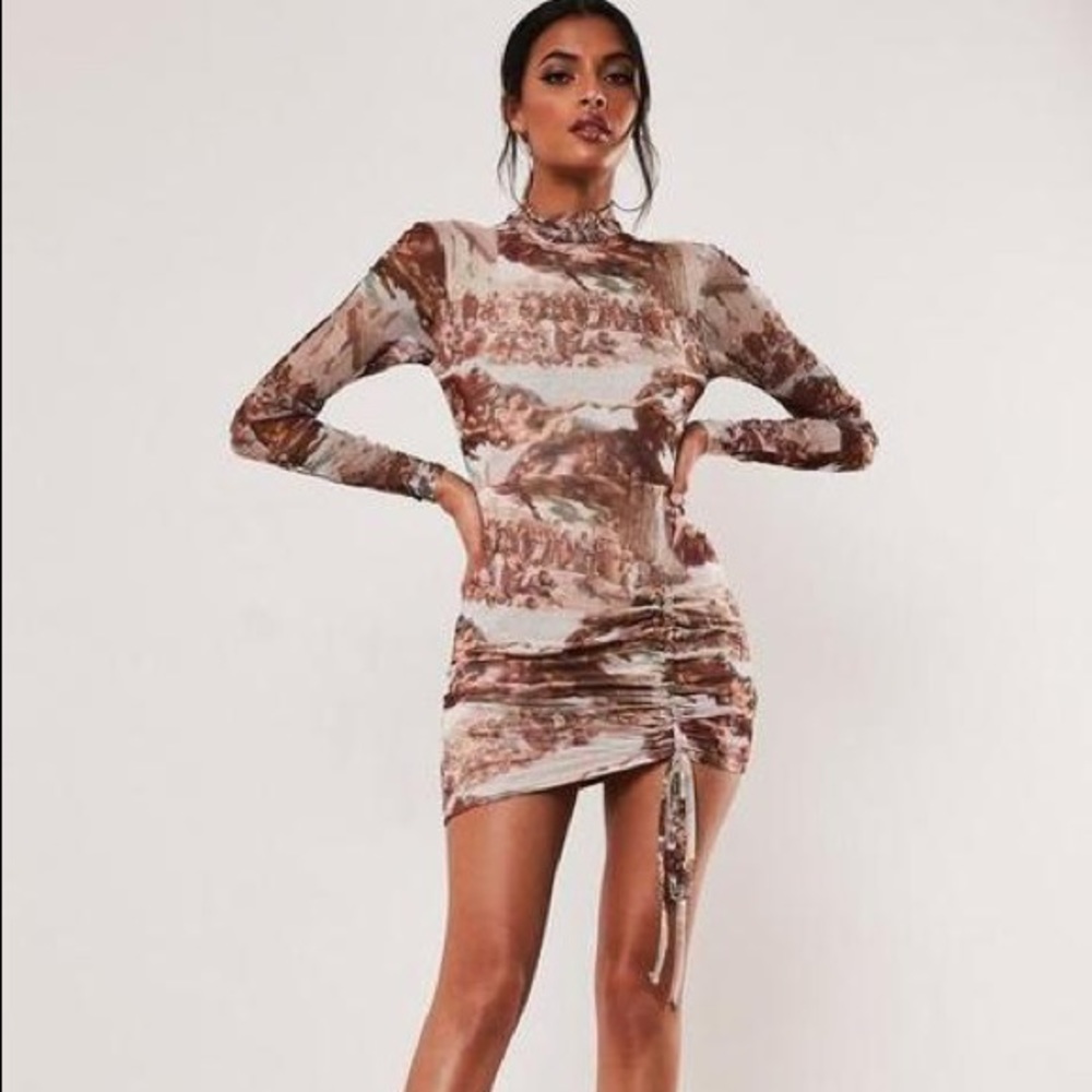 brown renaissance print mesh mini dress NWT